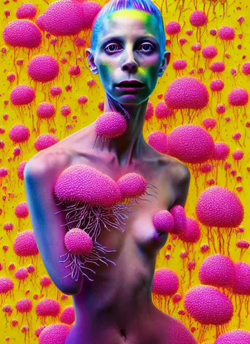 Image similar to hyper detailed 3d render like a Oil painting - Yolandi Visser seen Eating of the Strangling network of yellowcake aerochrome and milky Fruit and Her delicate Hands hold of gossamer polyp blossoms bring iridescent fungal flowers whose spores black the foolish stars by Jacek Yerka, Mariusz Lewandowski, Houdini algorithmic generative render, Abstract brush strokes, Masterpiece, Edward Hopper and James Gilleard, Zdzislaw Beksinski, Mark Ryden, Wolfgang Lettl, hints of Yayoi Kasuma, octane render, 8k