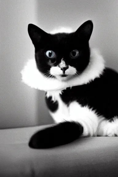 Prompt: a photo taken from a distance of a black and white cat dressed up as queen elizabeth