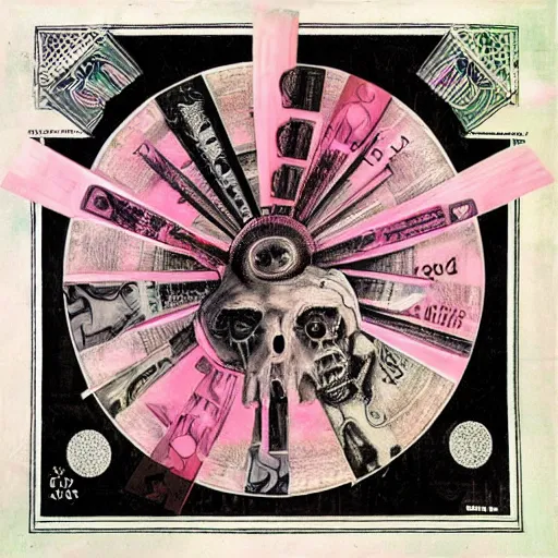 Image similar to post - punk new age album cover, asymmetrical design, dollar bank notes, capitalism, magic, apocalypse, psychedelic, black white pink, magic, giger h. r., giuseppe arcimboldo