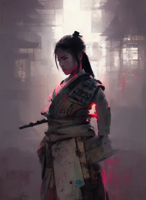 Prompt: female samurai girl, neon, rule of thirds, intricate outfit, spotlight, by greg rutkowski, by jeremy mann, digital painting