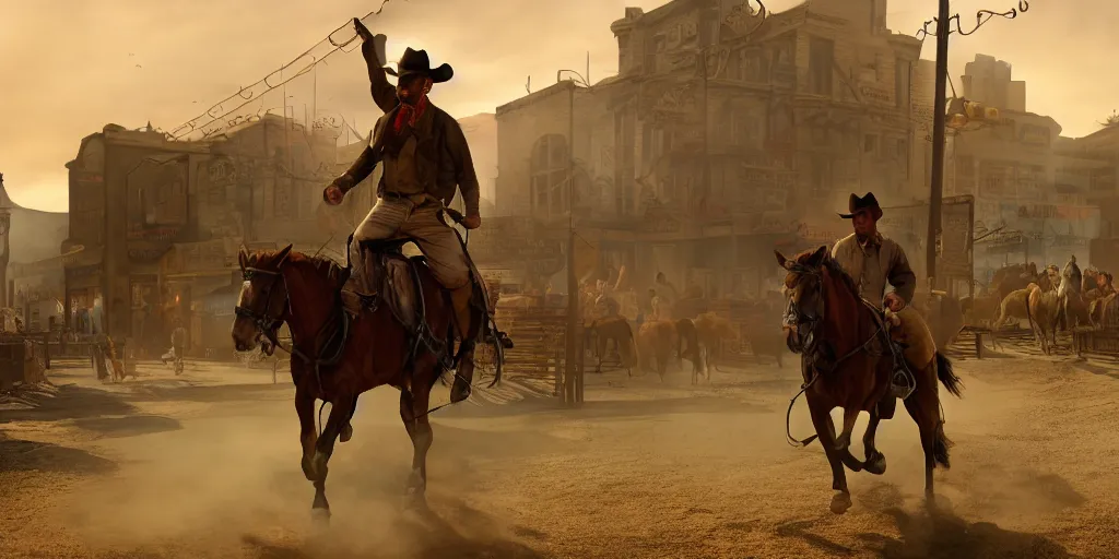 Image similar to rugged sheriff riding his horse through a busy old - west town, detailed, volumetric lighting, cinematic, in the style of fredrick remington