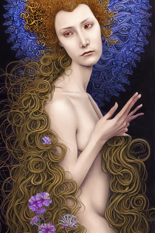 Image similar to portrait of a young female wizard in flowing sensual dress, arrogant, long fine flowing hair, delicate, looking at camera, slight nerdy awkward smile, realistic face, stylish, elegant, grimdark fantasy, flowers, extremely detailed painting inspired by Gerald Brom and Ernst Haeckel and Sandro Botticelli , studio lighting