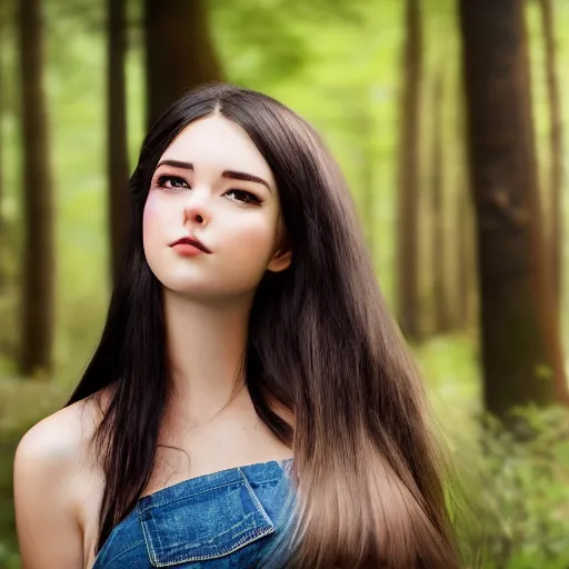 Image similar to real life photo of a beautiful girl, full body photoshoot, long black hair, full round face, short smile, brown shirt, forest setting, cinematic lightning, medium shot, mid - shot, highly detailed, trending on artstation, iso 2 0 0, f 1. 4, 8 0 mm, 8 5 mm, natural light