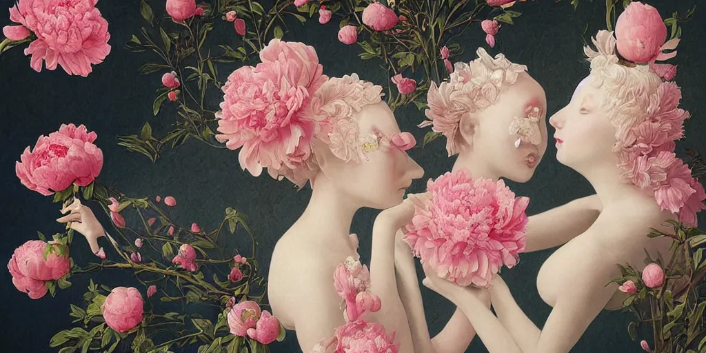 Image similar to breathtaking detailed concept art painting blend of pink short hair goddesses of peonies by hsiao - ron cheng with anxious piercing eyes, vintage illustration pattern with bizarre compositions blend of flowers and fruits and birds by beto val and john james audubon, exquisite detail, extremely moody lighting, 8 k