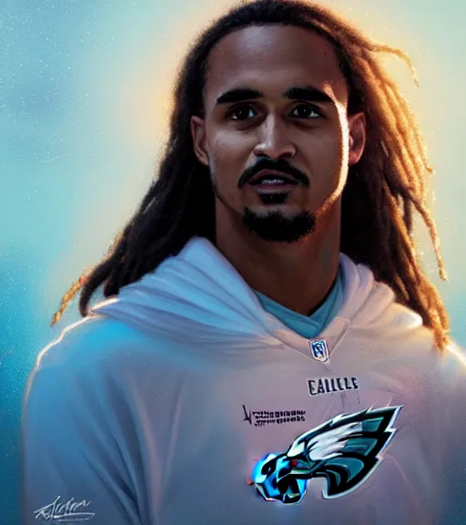 Image similar to highly detailed portrait of jalen hurts, philadelphia eagles football, unreal engine, fantasy art by greg rutkowski, loish, rhads, ferdinand knab, makoto shinkai and lois van baarle, ilya kuvshinov, rossdraws, tom bagshaw, global illumination, radiant light, detailed and intricate environment