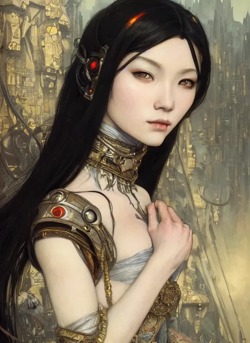 Prompt: portrait of beautiful pale gothic asian maiden, warhammer 40000, cyberpunk, intricate, elegant, highly detailed, digital painting, artstation, concept art, smooth, sharp focus, illustration, art by artgerm and greg rutkowski and alphonse mucha and Gustav Klimt