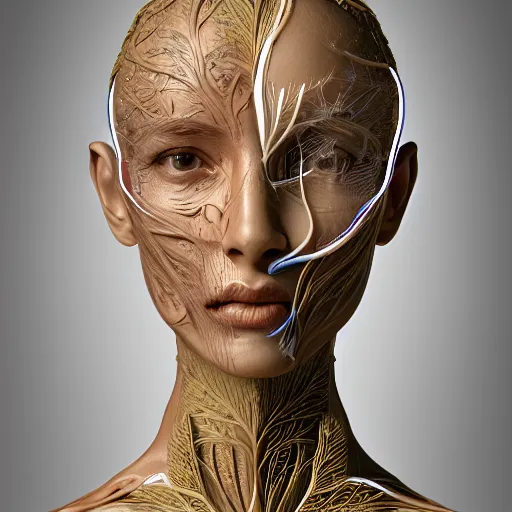 Image similar to beatifull face portrait of a woman, 150 mm, anatomical, flesh, flowers, mandelbrot fractal, facial muscles, veins, arteries, intricate, golden ratio, full frame, microscopic, elegant, highly detailed, ornate, ornament, sculpture, elegant , luxury, beautifully lit, ray trace, octane render in the style of peter Gric , alex grey and Romero Ressendi