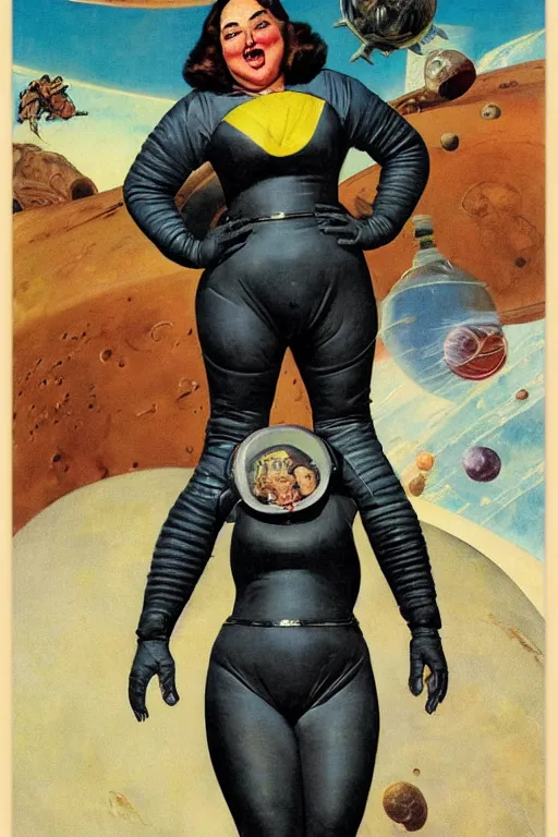 Prompt: 5 0 s pulp scifi fantasy illustration full body portrait cheerful obese woman in leather spacesuit on mars, by norman rockwell, roberto ferri, daniel gerhartz, edd cartier, jack kirby, howard v brown, ruan jia, tom lovell, frank r paul, jacob collins, dean cornwell, astounding stories, amazing, fantasy, other worlds