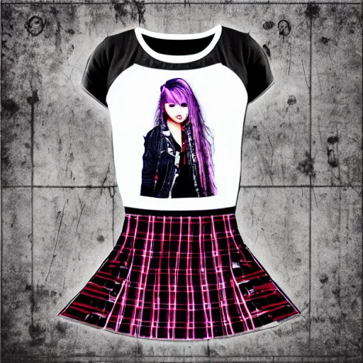 Prompt: female model teenage punk rock photography plaid skirt band shirt