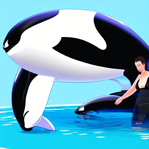 Image similar to a person transforming into an orca pooltoy, hd, digital art