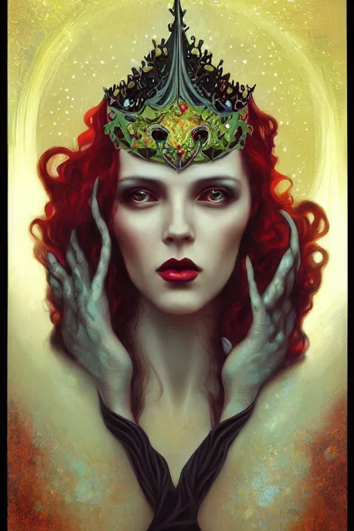 Image similar to jeweled Crown, other worldly, cruel and dark, art nouveau, by Anato Finnstark, Tom Bagshaw, Brom