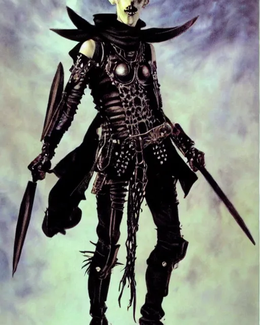 Image similar to portrait of an androgynous skinny punk goth sorcerer wearing armor by simon bisley, john blance, frank frazetta, fantasy
