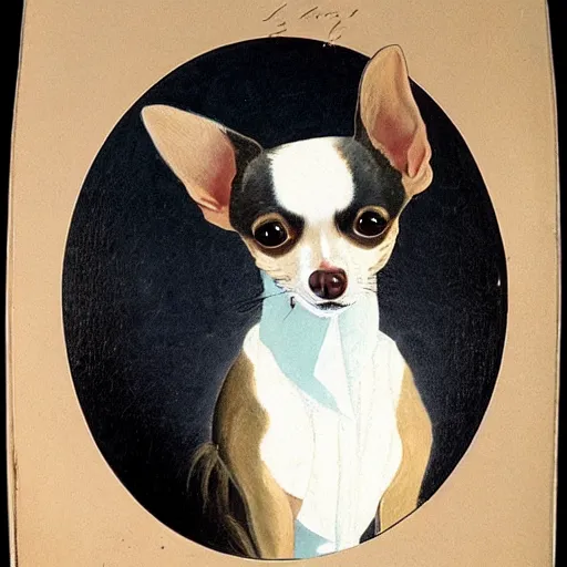 Image similar to fancy dress chihuahua painted by john james audubon. high - quality character portrait. large black eyes, slightly rounded face, pointed chin, black tank top, black leather jacket, black knee - length skirt, black choker.