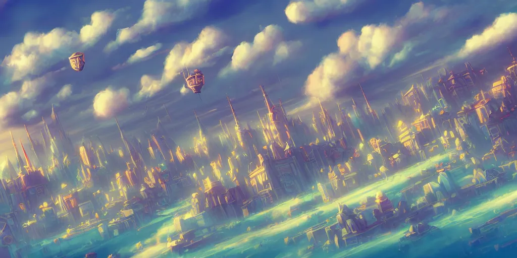 Image similar to a city in the style of piltover from arcane, blimps in the sky, blue skies, soft clouds, trending on artstation