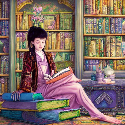 Image similar to a highly detailed fantasy pastel painting of a young wizard in ornate clothing lounging on a purpur pillow on the marble floor in front of her bookcase, studying an ancient tome. to the side is a potted plant and some blue candles. ancient oriental retrofuturistic setting. 4 k key art in the style yoshitaka amano