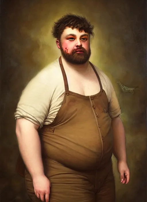 Image similar to portrait of a handsome chubby ohio farm boy, by agostino arrivabene and tom bagshaw and manuel sanjulian