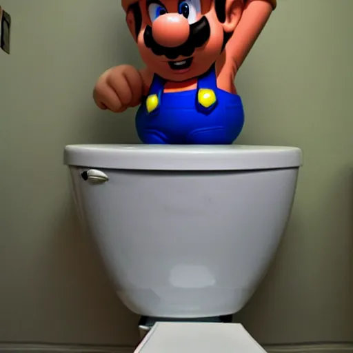 Prompt: super mario sitting on a toilet taking a poop with an angry look on his face