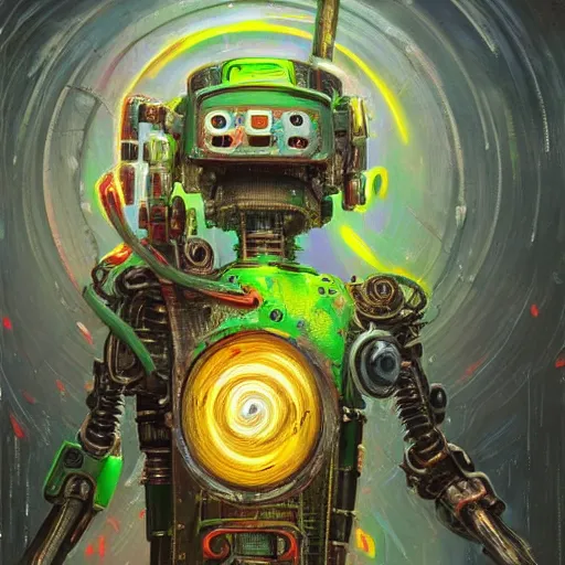 Image similar to low angle shot of A Robot With its head missing, gushing out oil from the hole, walking towards the viewer, neon color scheme, by Clive Barker , intricate, elegant, highly detailed, centered, digital painting, artstation, concept art, smooth, sharp focus, illustration, artgerm, Tomasz Alen Kopera, Peter Mohrbacher donato giancola, Joseph Christian Leyendecker, WLOP, Boris Vallejo.