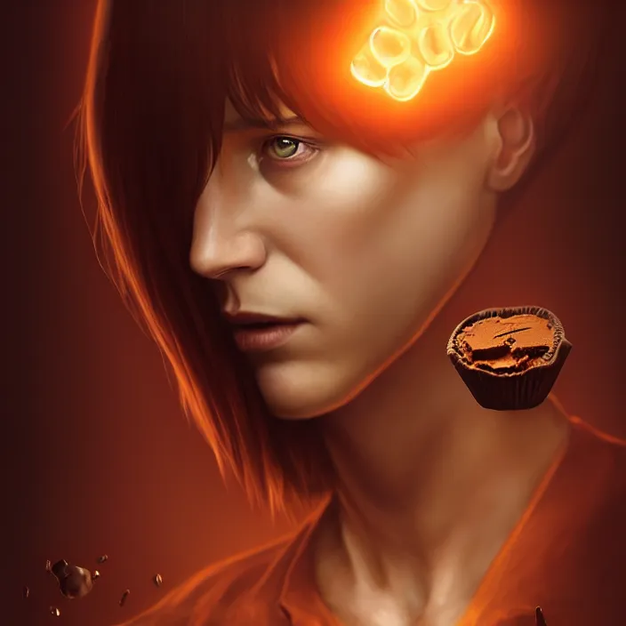 Prompt: keanu reeves emerging from reese's peanut butter cup by charlie bowater and anna dittmann and artgerm and clemens ascher, intricate, elegant, brown mist, product shot, macro, highly detailed, dramatic lighting, sharp focus, octane render, trending on artstation, artstationhd, artstationhq, unreal engine, 4 k, 8 k