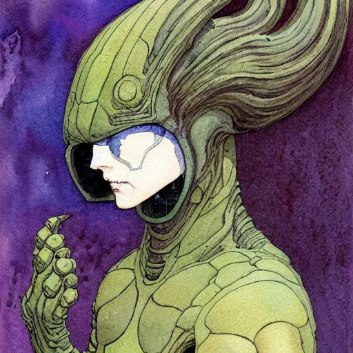 Prompt: a simple and atmospheric watercolour portrait of a pulp sci - fi alien repdiloid, very muted colors, by rebecca guay, michael kaluta, charles vess and jean moebius giraud