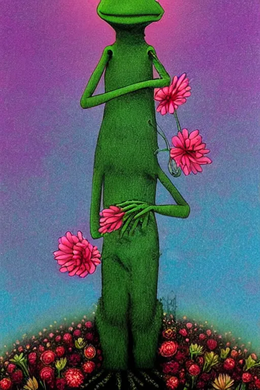 Image similar to surreal Kermit the Frog, magic realism, flowerpunk, mysterious, vivid colors, contrast, clarity, by andy kehoe