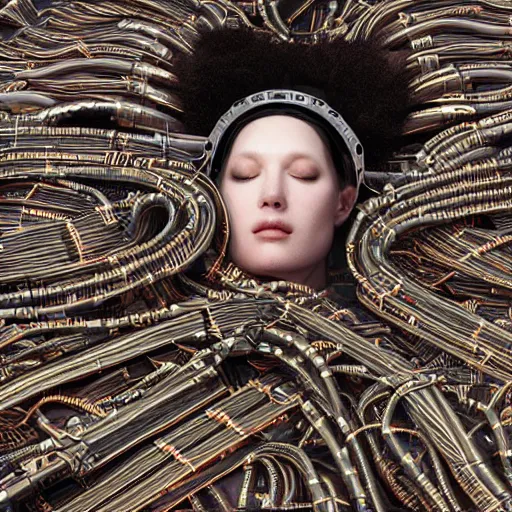 Image similar to tapping in to something greater, piles of modular synth cables, goddess laying down wearing a headpiece made of circuit boards, by cameron gray, wlop, stanley kubrick, masamune, hideki anno, unique perspective, trending on artstation, 3 d render, vivid