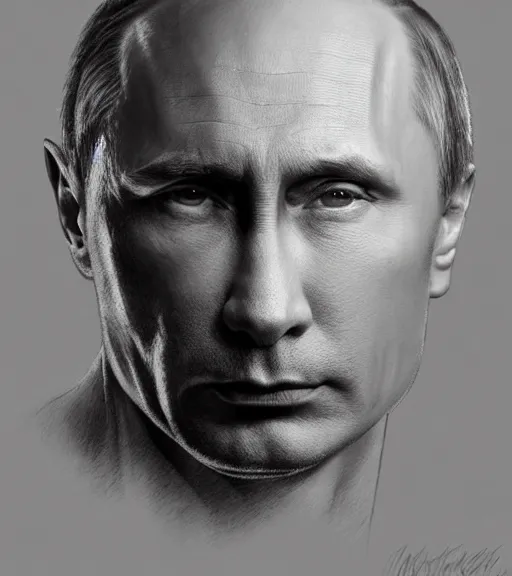 Prompt: vladimir putin, beautiful piercing eyes, realistic face, black and white drawing, in the style of greg rutkowski, fantasy, amazing detail, epic, intricate, elegant, smooth, sharp focus