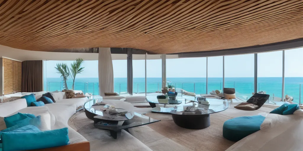 Image similar to a modern hi tech living room in a ocean hues style next to a big terrace overlooking the ocean, a luxurious wooden coffee table with large seashells on top in the center, inspired by the ocean, calm, relaxed style, harmony, wide angle shot, 8 k resolution, ultra detailed