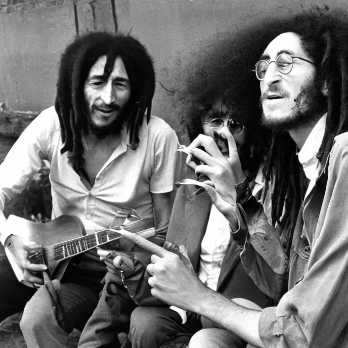 Image similar to john lennon smoking a joint with bob Marley, photograph by Willy Spiller, 1970s