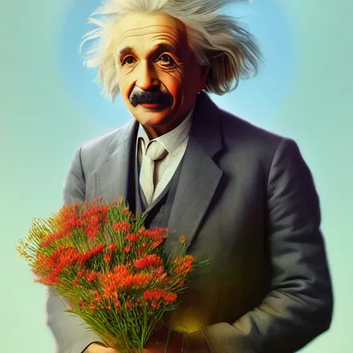 Image similar to portrait of einstein, holding a bouquet of flowers ， exude an eternity ， hyperrealistic, by beeple, greg rutkowski, caspar david friedrich, smooth, illustration, elegant, artstation, digital painting.