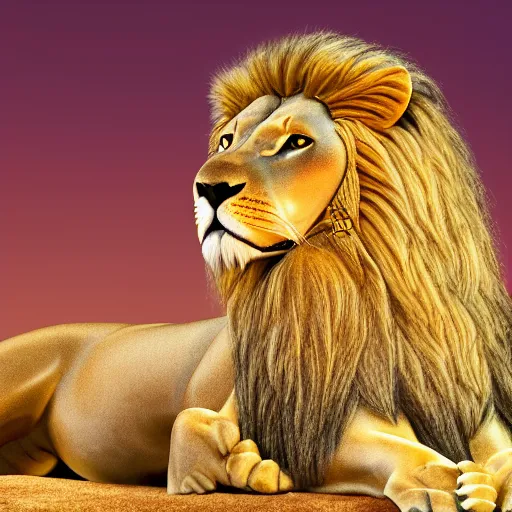 Image similar to Professional studio photograph of a real lion, posing in the same pose as the statue The Great Sphinx of Giza. Full body shot, studio lighting, neutral background, subject in sharp focus, great contrast, rich and saturated colors, high resolution (8k).