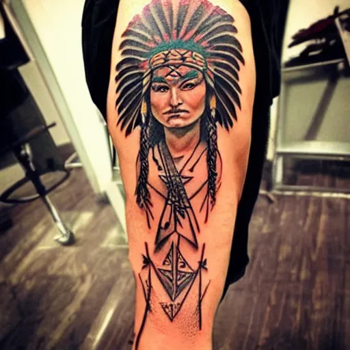 Image similar to tattoo concept of a Native American warrior woman, beautiful, highly detailed