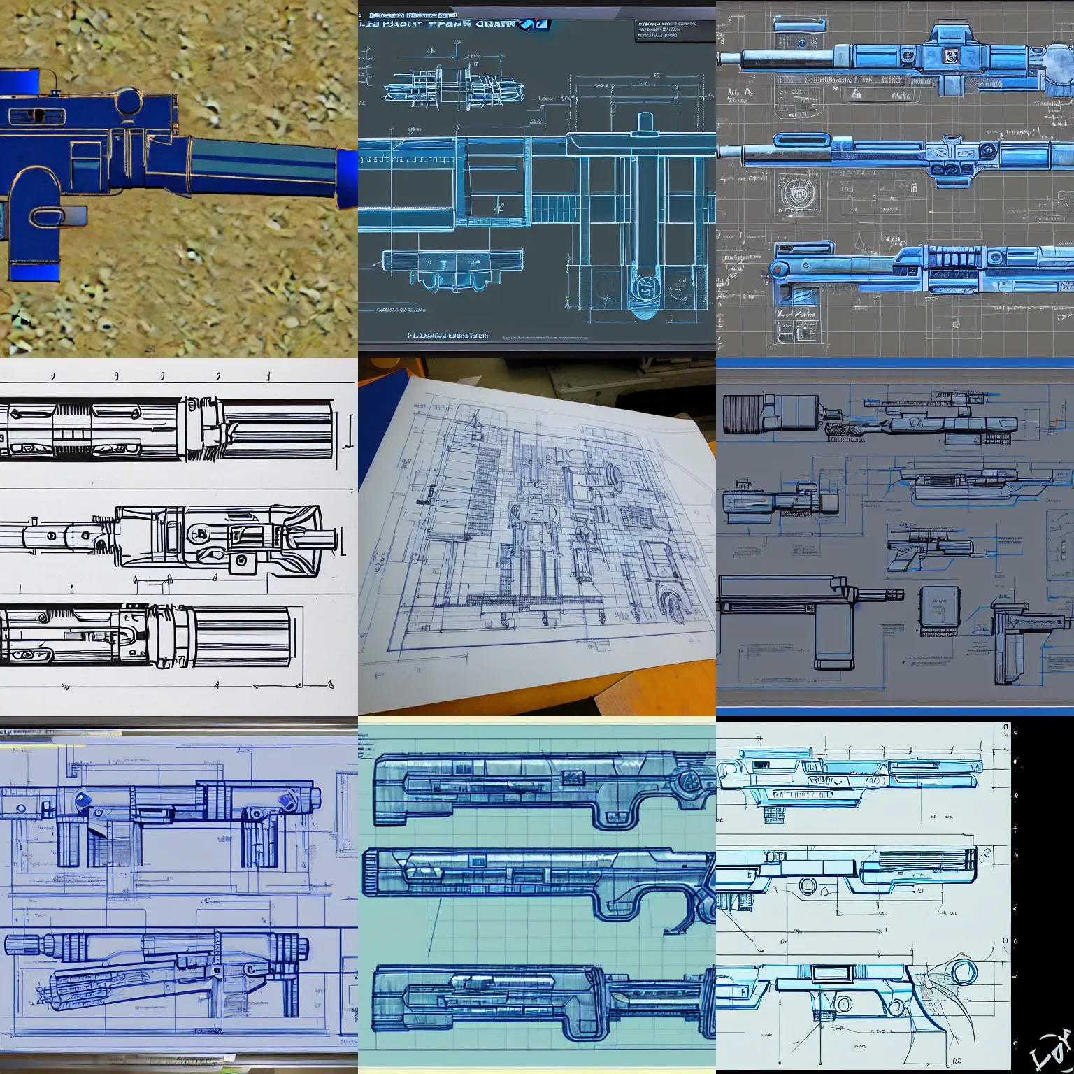 Prompt: detailed blueprints for a plasma gun