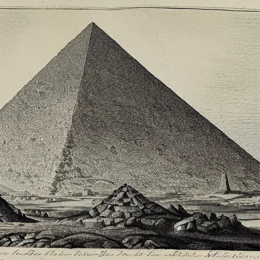 Image similar to A 1780s etching of a barren landscape dominated by an unfinished pyramid of 13 steps, topped by the Eye of Providence within a triangle. Roman numerals are engraved at the base of the pyramid.