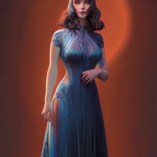 Image similar to young female wearing a full tight curvy long dress, professionally retouched, perfect blue eyes, ultra realistic soft painting, floating long hair, soft facial traits, perfectly detailed linework, symmetrical accurate intricate features, highly detailed, artstation, sharp focus, tom bagshaw