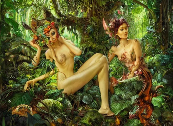 Image similar to lush nightlife in the jungle fairy foliage painting carved in amber by chiara bautista and norman rockwell and greg rutkowski weta studio