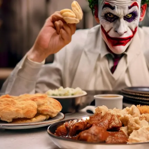 Image similar to cinematic shot of the joker sitting at a table in front of a plate of chicken and biscuits and gravy, 8 k, very detailed, very intricate,