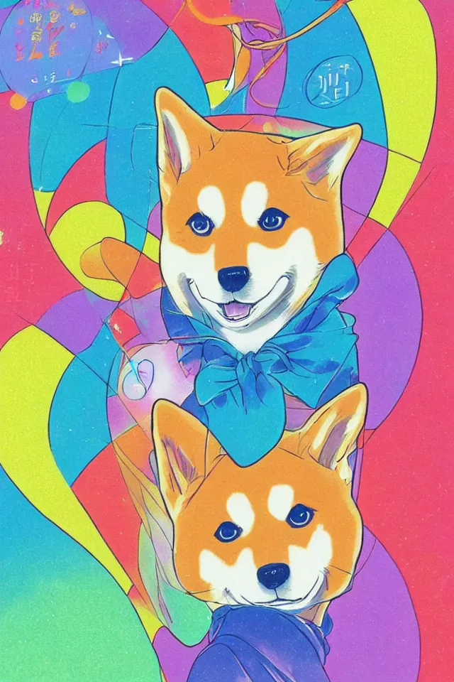 Image similar to a portrait of a shiba inu, in the art style of 8 0 s anime, japanese city pop color palette, naoko takeuchi, hajime yatate