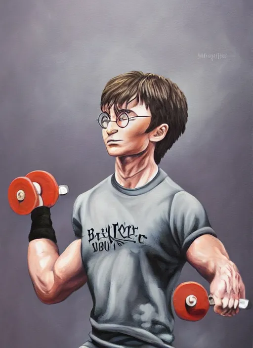 Image similar to a painting of Harry Potter doing barbell back squats, dingy gym, wearing a muscle tee shirt, an ultrafine detailed painting by Mark Ryden, trending on deviantart, pop surrealism, whimsical, lowbrow, grotesque