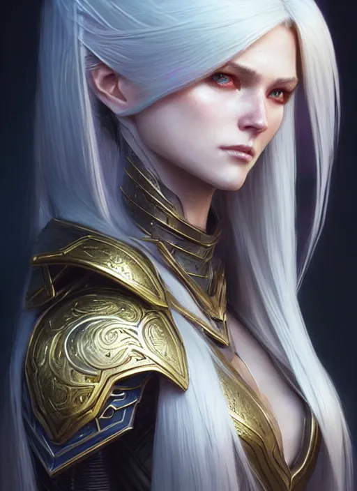 Image similar to light opal armor!!! long wild white hair!! covered chest!!! fantasy, d & d, intricate ornate details, symmetry, concept art, sharp focus, illustration, art by artgerm! greg rutkowski magali villeneuve wlop! ilya kuvshinov!!, octane render, unreal engine 5, highly rendered!!