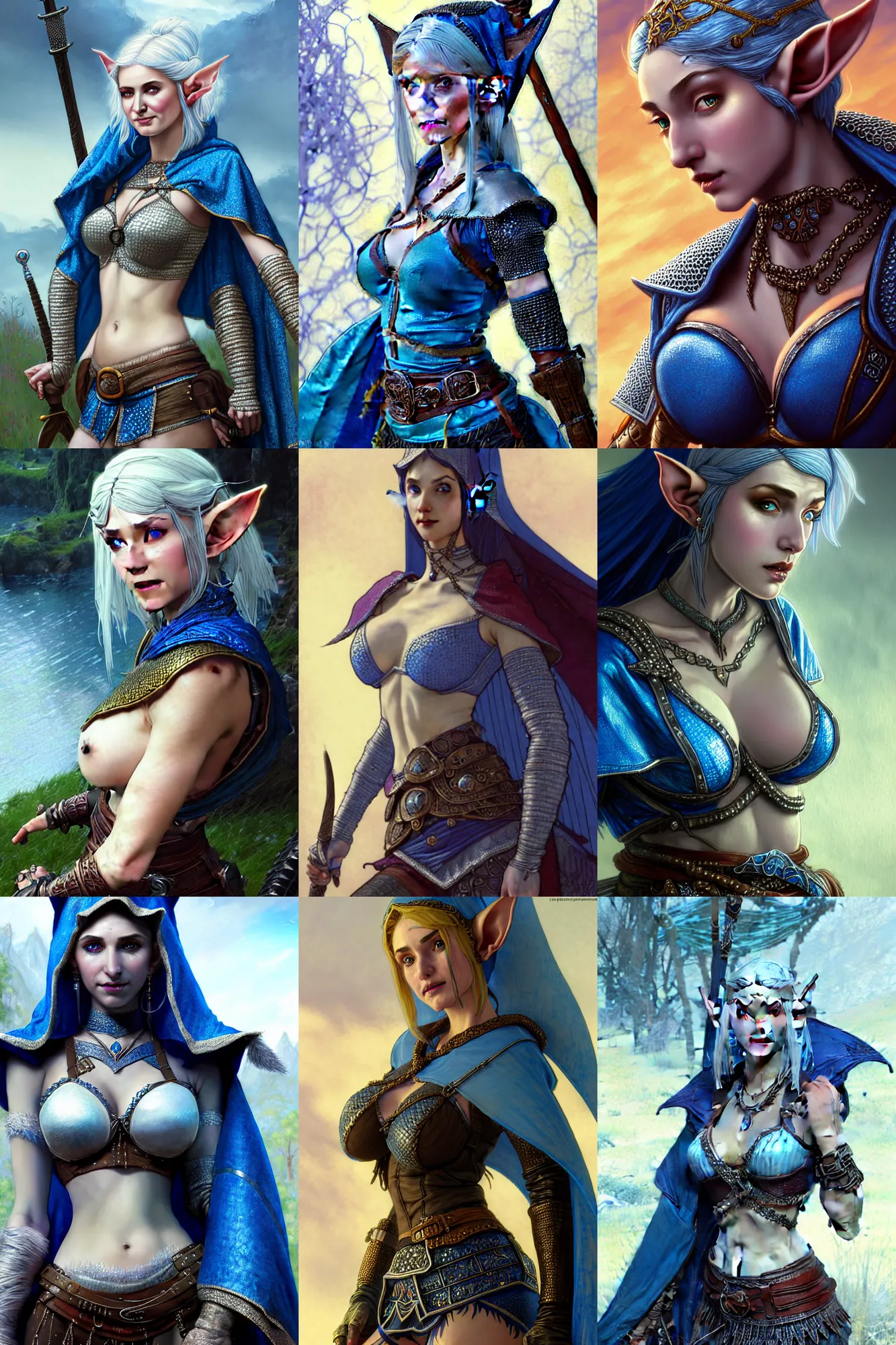 Image similar to alluring highly detailed matte close-up portrait of beautiful elf Shani (from Witcher 3) wearing chesty chainmail bikini and a blue cloak, very detailed, realistic, manga, pen and ink, by Stanley Artgerm Lau, greg rutkowski, thomas kindkade, alphonse mucha, loish, norman rockwell J.