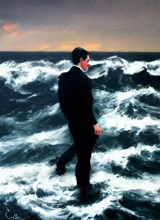 Prompt: black ocean, crashing waves, dale cooper standing alone amidst waves, lonely!!!!! painting by phil hale, fransico goya,'action lines '!!!, graphic style, visible brushstrokes, motion blur, blurry, visible paint texture, crisp hd image