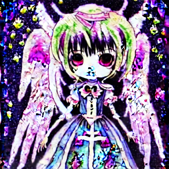 Image similar to gothic lolita cute angelic archangel, religious art watercolor slimy slime drenched skinny divine holy skellington being of glitter glue, pastel cute slime, 3 d polygon ui of neon ornamental rococo frames, maximalist decora gyaru sanrio murakami pixar concept art