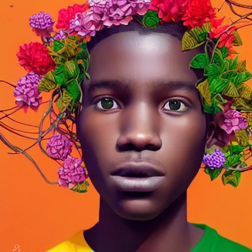 Image similar to colourful vfx art - portrait of nigerian boy wrapped in flowers & vines, art by hsiao - ron cheng & james jean, volumetric light, ray tracing, colourful, sharp, detailed, digital painting, illustration, illustration, highly detailed, intricate detail, unreal engine, octane render, pinterest, behance, art station,