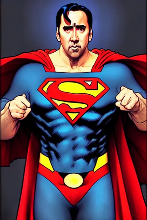 Image similar to nicolas cage as superman, art by artgerm and greg rutkowski and alphonse mucha