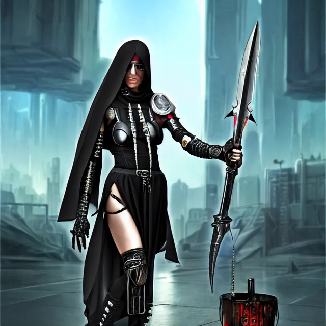 Image similar to cyberpunk nun warrior, highly detailed, 4 k, hdr, smooth, sharp focus, high resolution, award - winning photo, illustrated by anne stokes, photorealistic