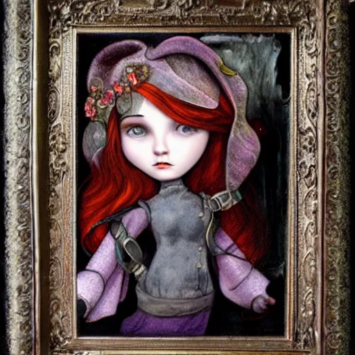 Prompt: the blacksmiths daughter, in the forge, lowbrow in the style of Mark Ryden,