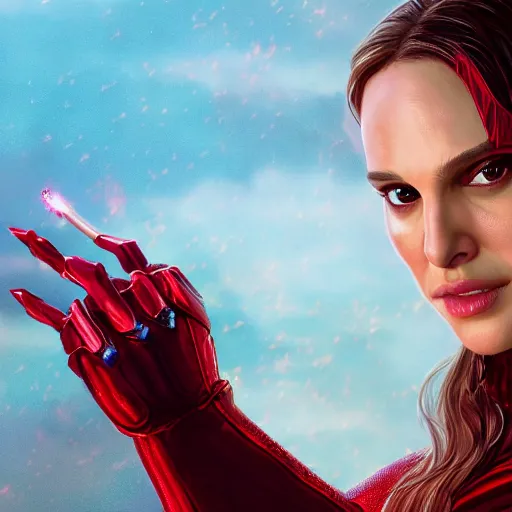 Image similar to Natalie Portman as scarlet witch from MCU, highly detailed, artstation, 8K HDR, sunset.