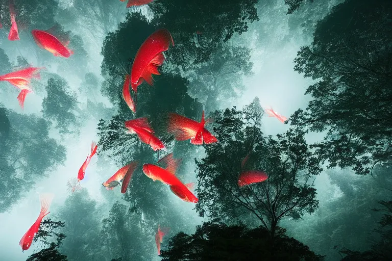 Image similar to huge red giant japanese fishes are flying between the tall trees of a deep forest at night. Looking up view, dramatic perspective.misty, mood.