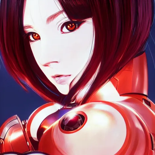 Image similar to A beautiful cyborg woman with big and cute eyes || VERY ANIME, fine-face, red and black robotic parts, realistic shaded perfect face, fine details. Anime. realistic shaded lighting poster by Ilya Kuvshinov katsuhiro otomo ghost-in-the-shell, magali villeneuve, artgerm, Jeremy Lipkin and Michael Garmash, Rob Rey and Kentarõ Miura style, trending on art station